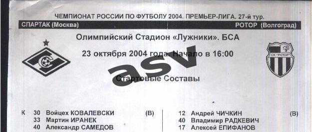 Спартак Москва - Ротор Волгоград — 23.10.2004 Стартовый протокол