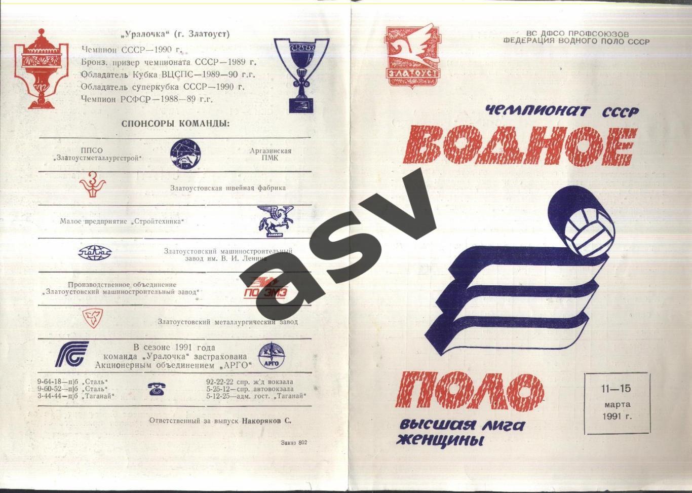 Водное поло. Чемпионат СССР. 1 круг. Златоуст — 11-15.03.1991 Женщины