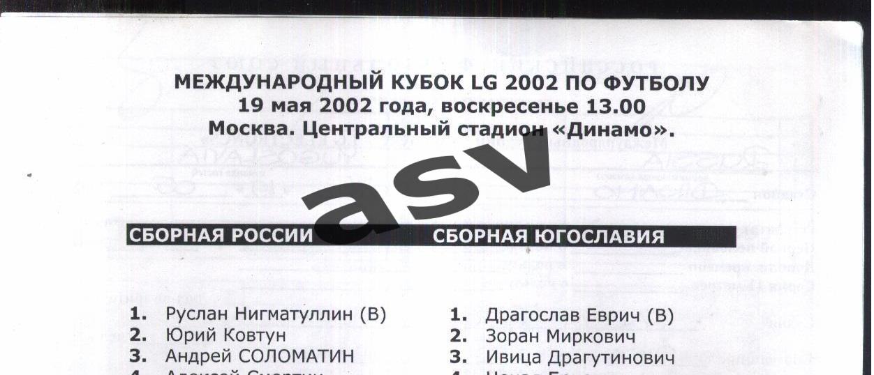 Россия — Югославия — 19.05.2002. Кубок LG Стартовый протокол матча