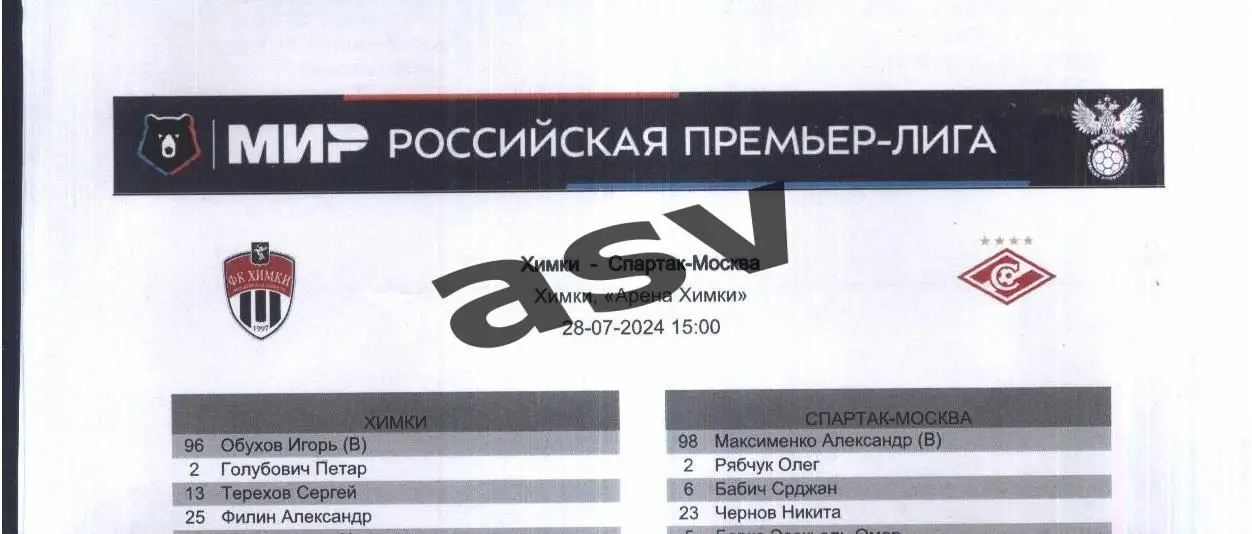 Химки - Спартак Москва — 28.07.2024 Стартовый протокол