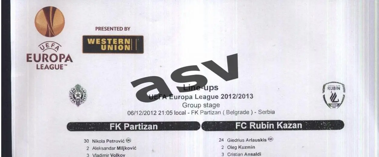 Партизан Белград - Рубин Казань — 06.12.2012 Лига Европы Стартовый протокол