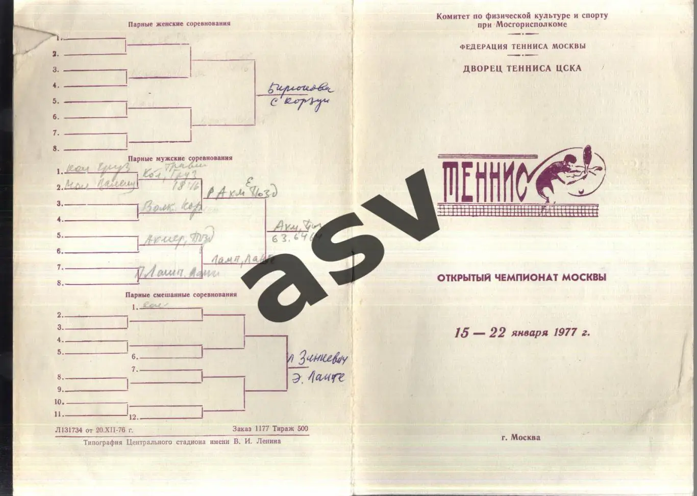 Теннис Открытый чемпионат Москвы — 15-22.01.1977 Москва