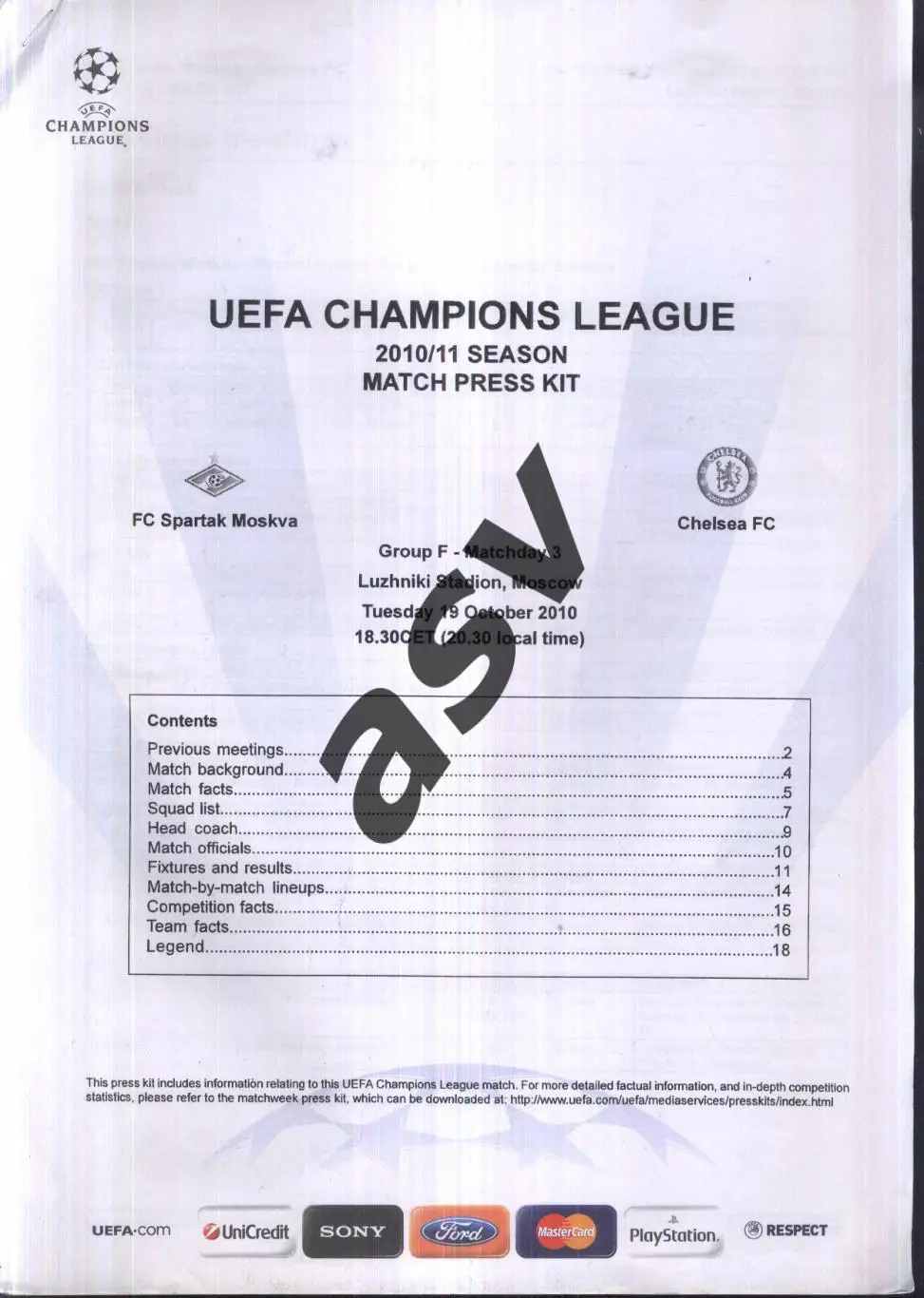 Спартак Москва - Челси Лондон Англия — 19.10.2010 Лига Чемпионов. Пресс-кит. анг