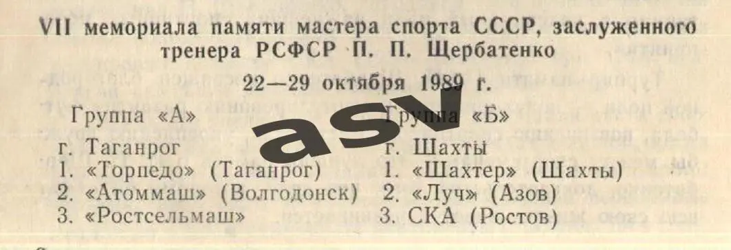 Турнир памяти Щербатенко Группа Б — 22-24.10.1989 Шахты. СКА Ростов, Луч Азов 1