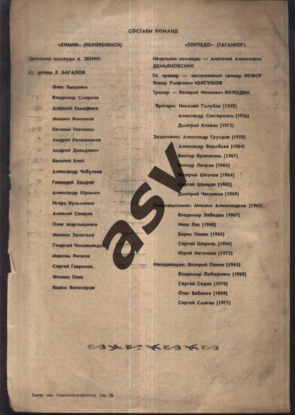 Химик Белореченск - Торпедо Таганрог — 04.05.1989 1