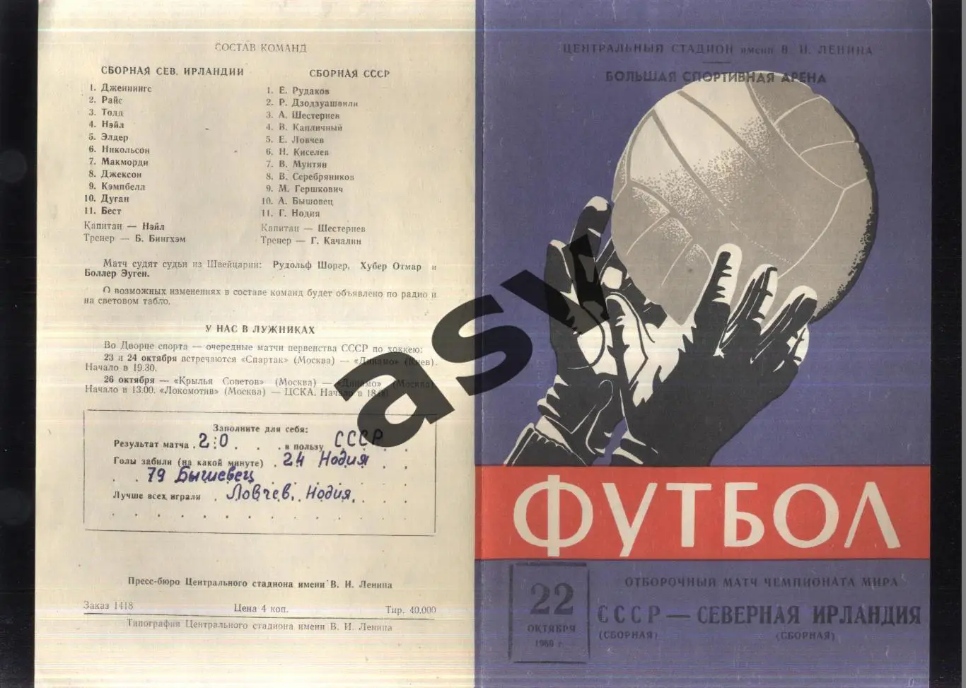 СССР - Северная Ирландия — 22.10.1969 ОЧМ