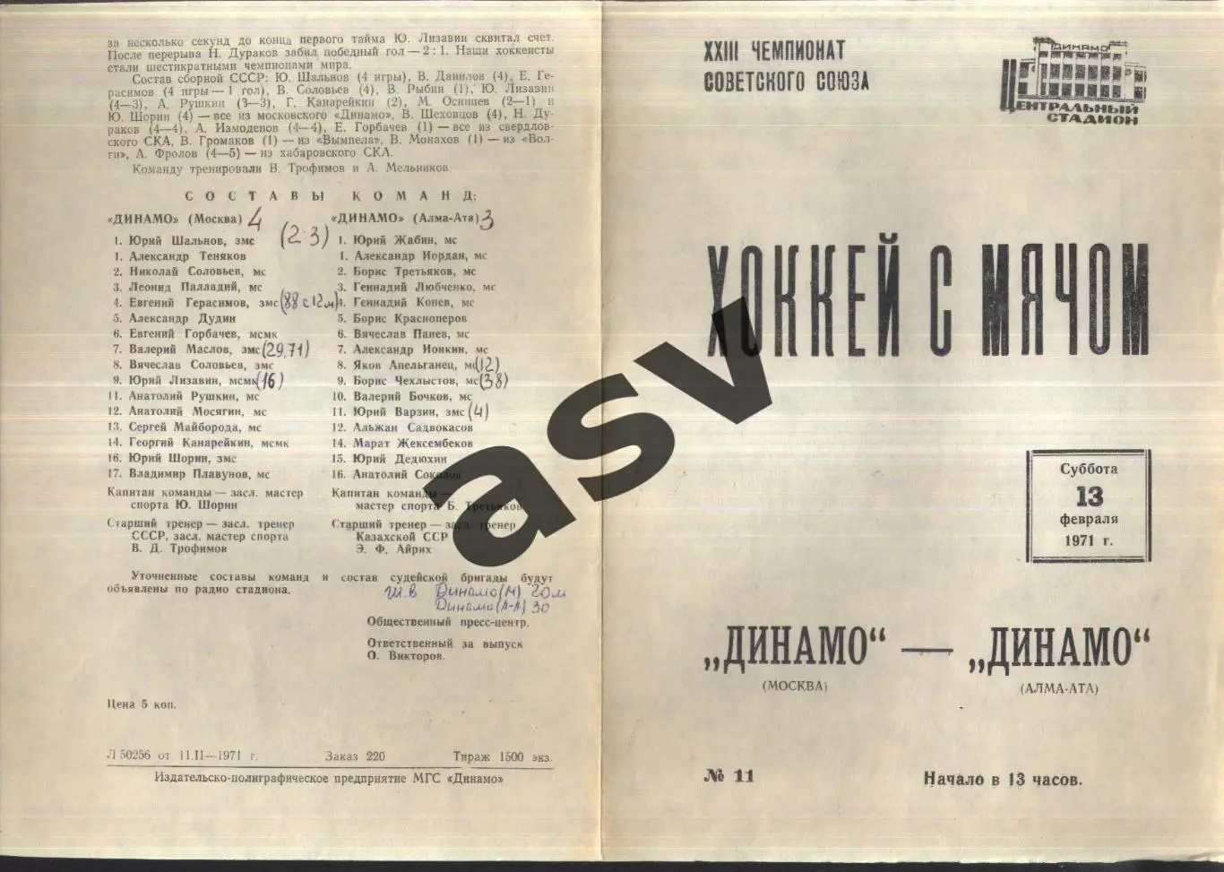 Динамо Москва - Динамо Алма-Ата — 13.02.1971
