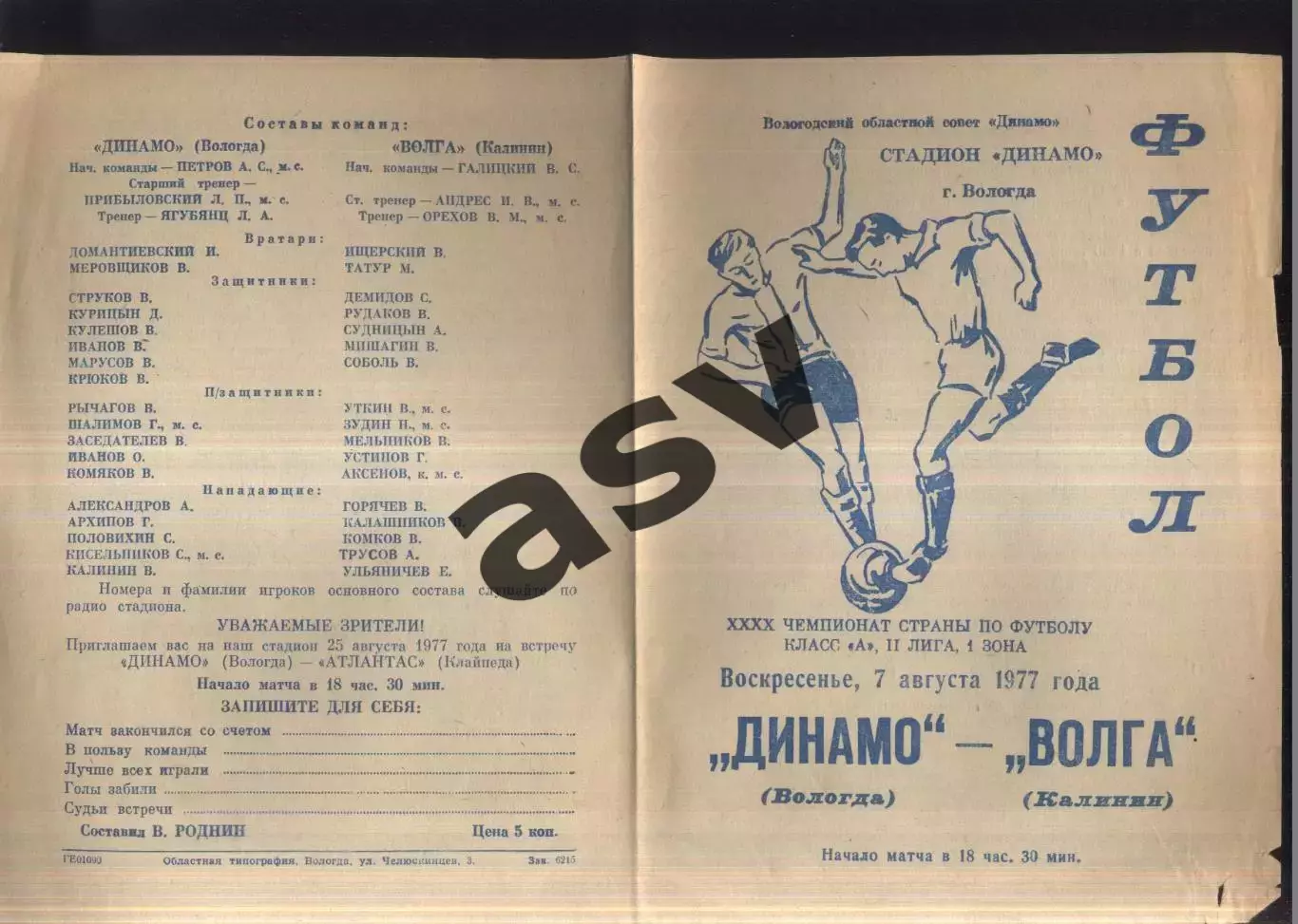 Динамо Вологда - Волга Калинин — 07.08.1977