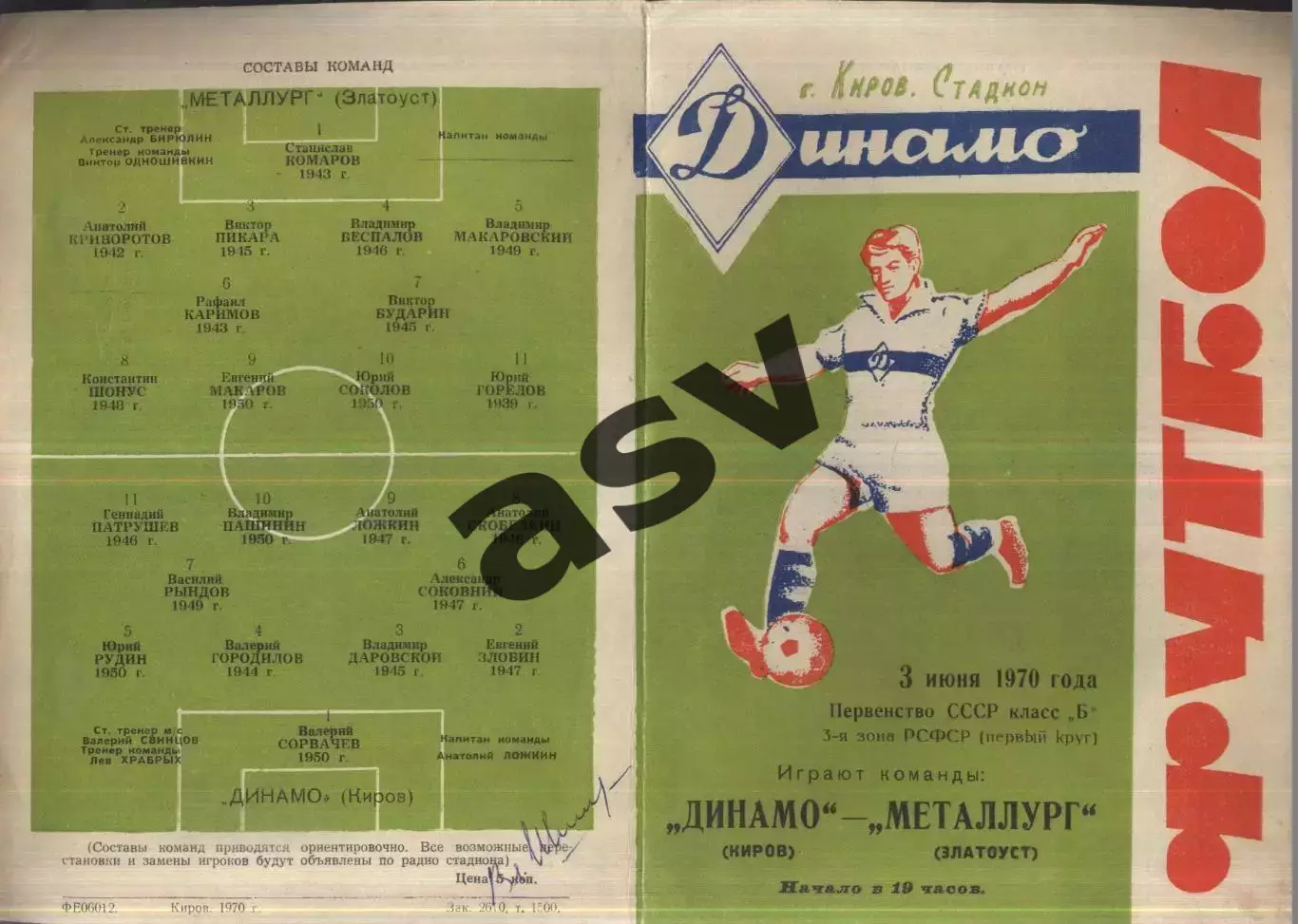 Динамо Киров - Металлург Златоуст — 03.06.1970 автограф