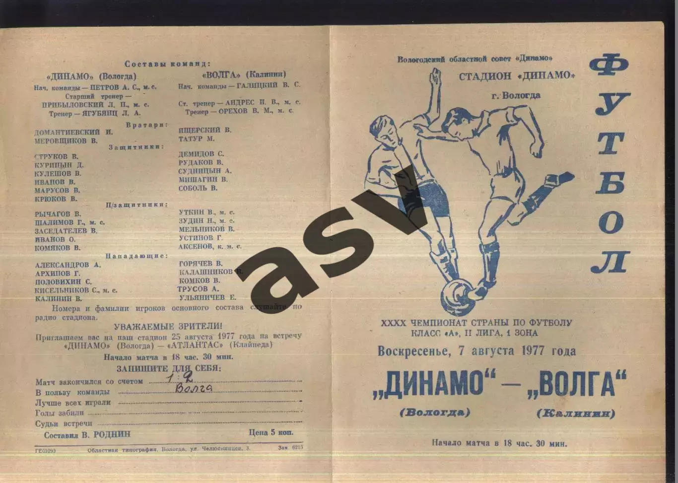 Динамо Вологда - Волга Калинин — 07.08.1977.