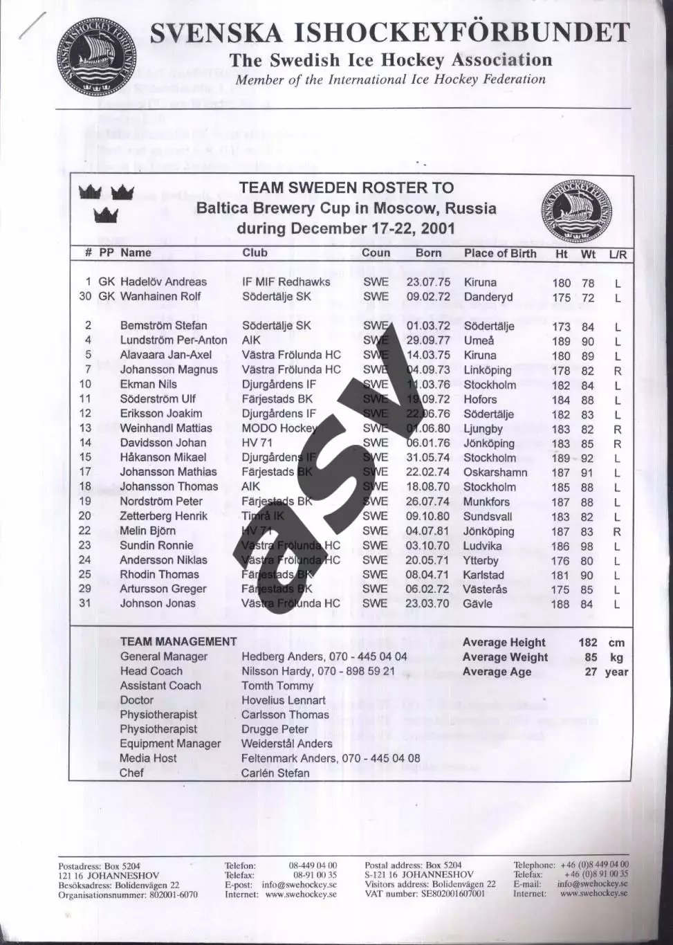 Сборная Швеции Кубок пивоваренной компании Балтика — 17-22.12.2001