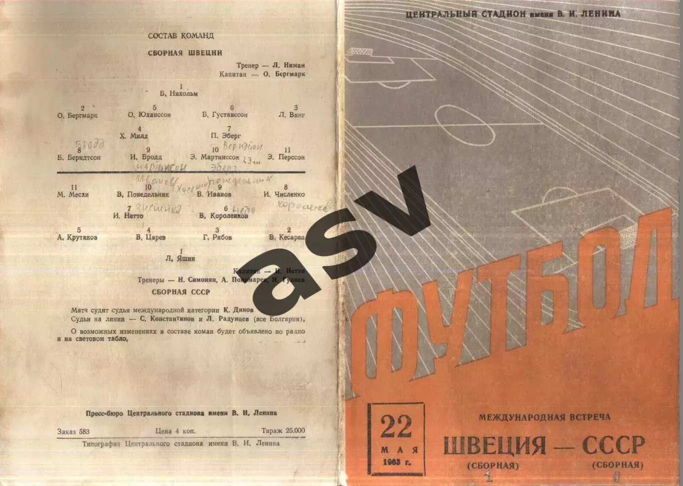 СССР - Швеция — 22.05.1963 ТМ