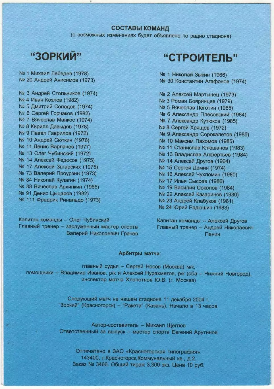 Зоркий Красногорск – Строитель Сыктывкар 04.12.2004 1