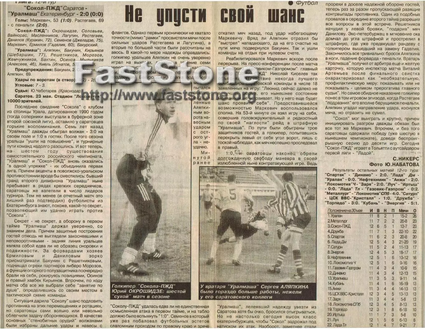 Сокол-ПЖД Саратов – Уралмаш Екатеринбург 23.05.1997 Газетный отчет