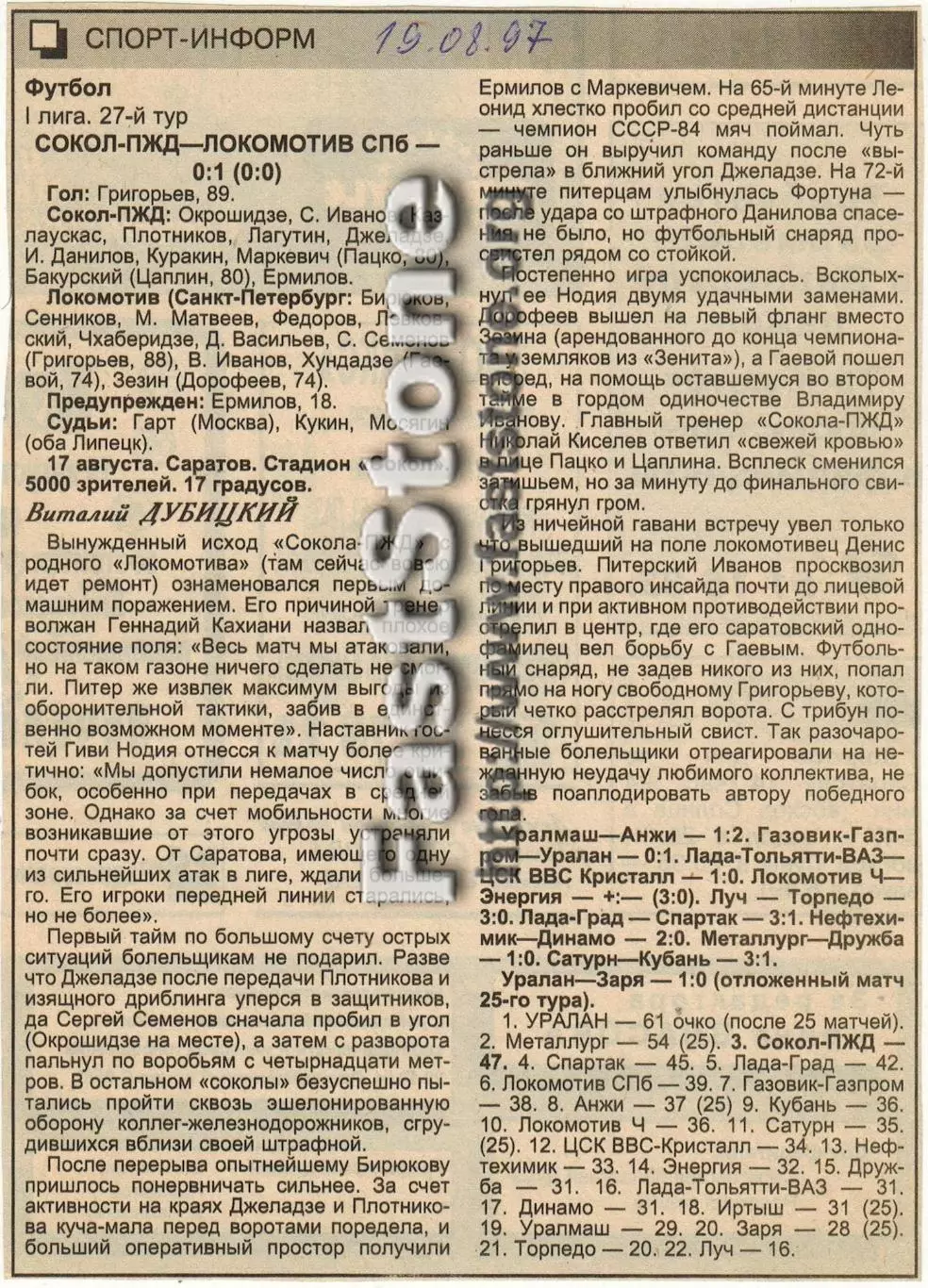 Сокол-ПЖД Саратов – Локомотив Санкт-Петербург 17.08.1997 Газетный отчет