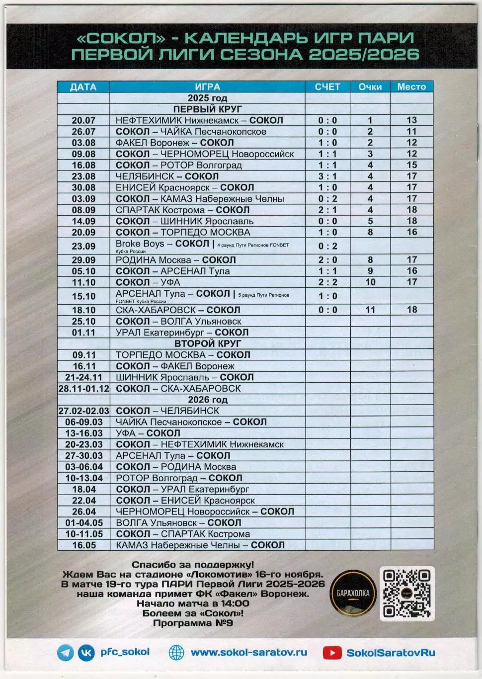 Сокол Саратов – Волга Ульяновск 25.10.2025 Официальная программа 1