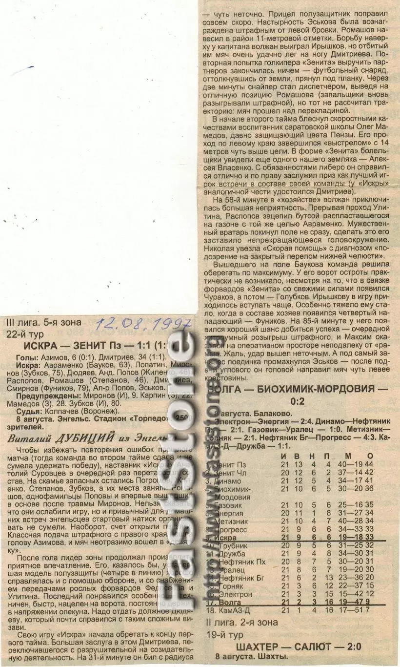 Искра Энгельс – Зенит Пенза 08.08.1997 Газетный отчет