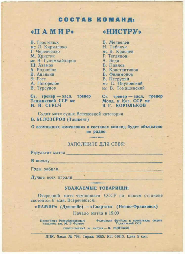 Памир Душанбе - Нистру Кишинев 02.05.1975 1