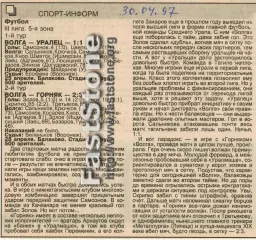Волга Балаково – Уралец Нижний Тагил + Горняк Качканар 25/28.04.1997 Отчет