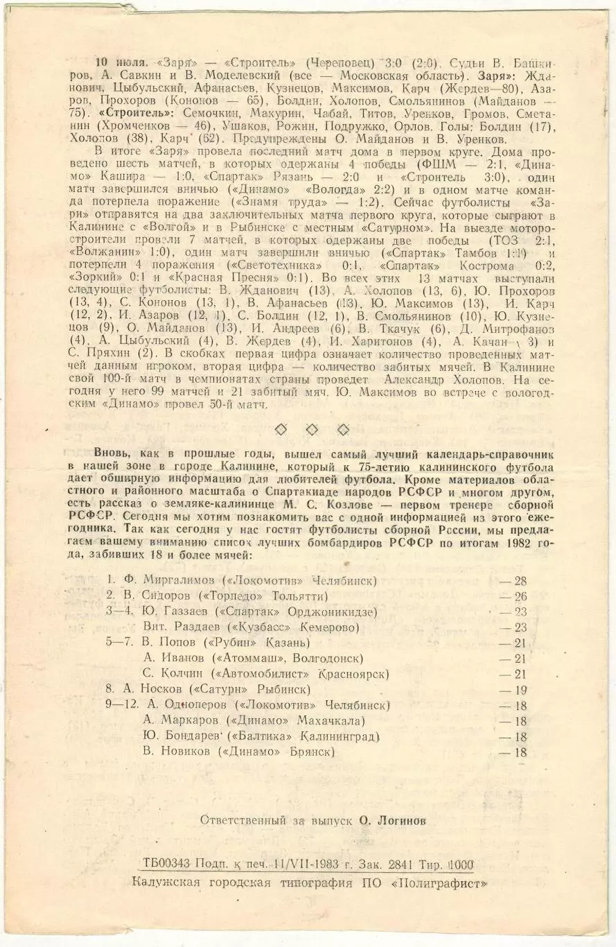 Заря Калуга – Сборная РСФСР 13.07.1983 Товарищеский матч 1