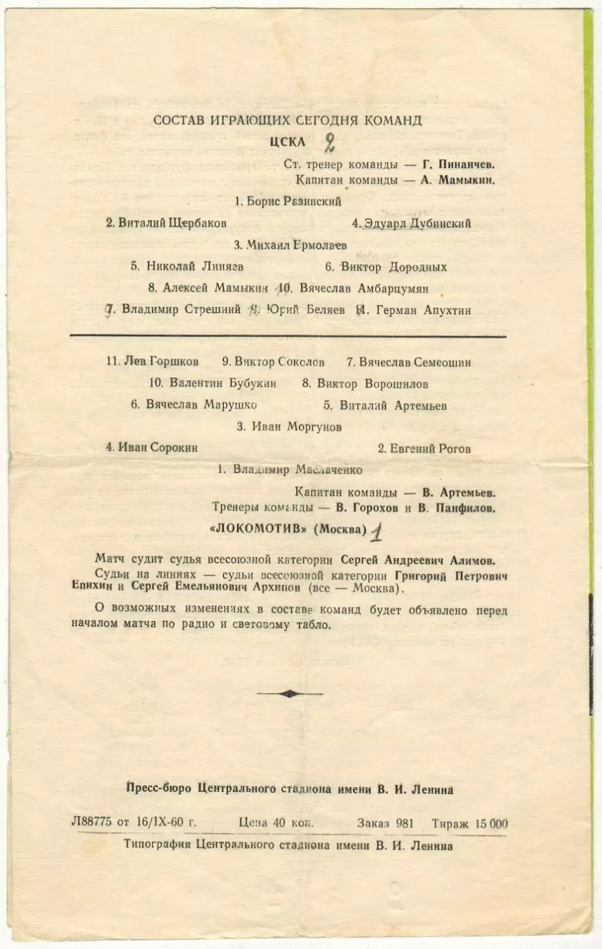 ЦСКА – Локомотив Москва 18.09.1960 1