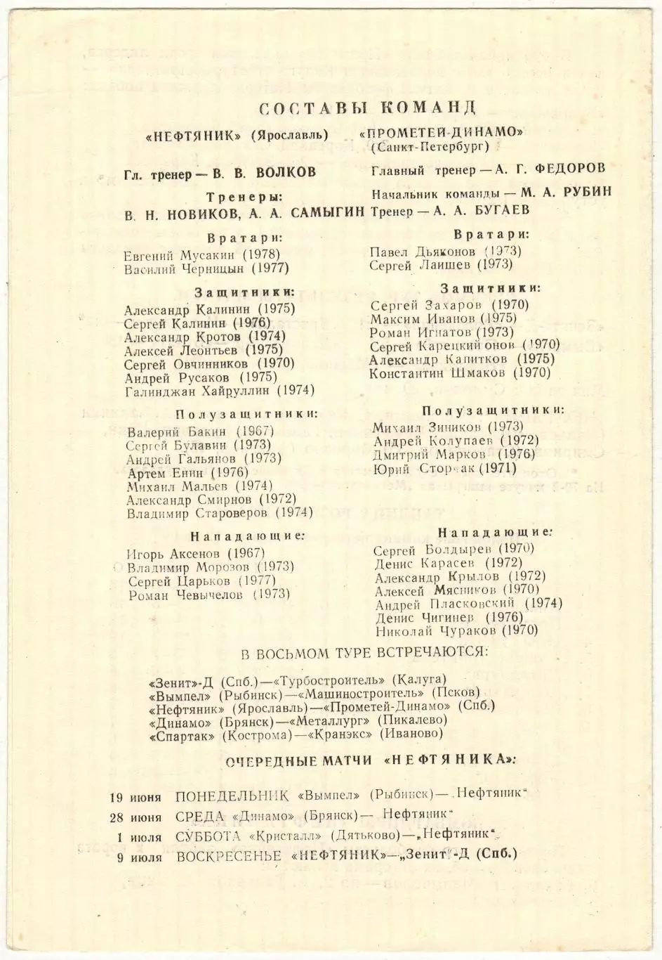Нефтяник Ярославль – Прометей-Динамо Санкт-Петербург 12.06.1995 Третья лига 1