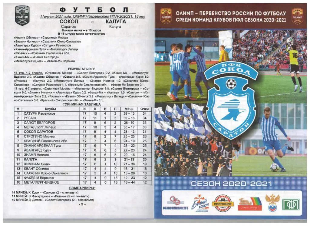 Сокол Саратов – Калуга 11.04.2021 Официальная программа