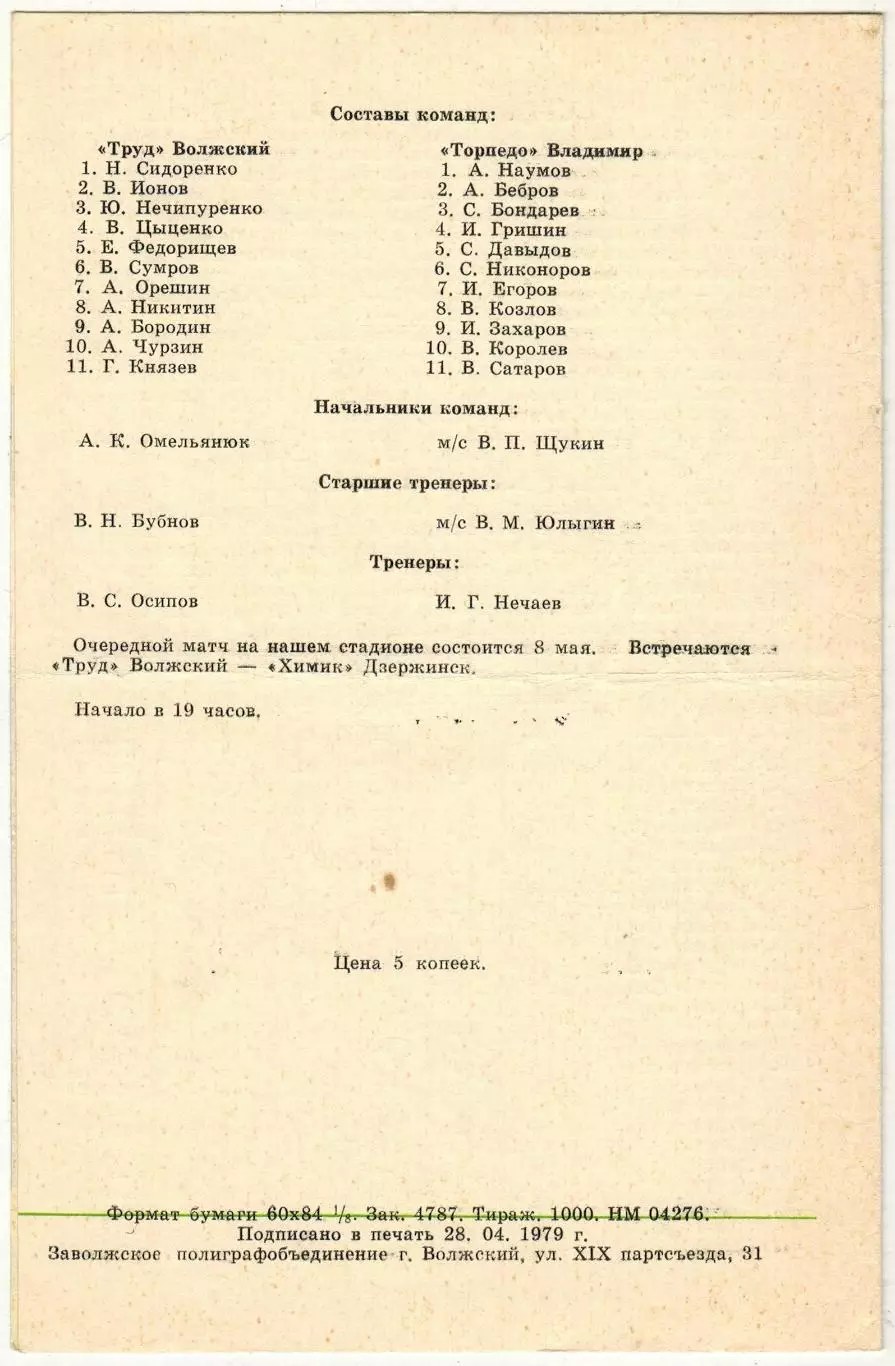 Труд Волжский – Торпедо Владимир 05.05.1979 1