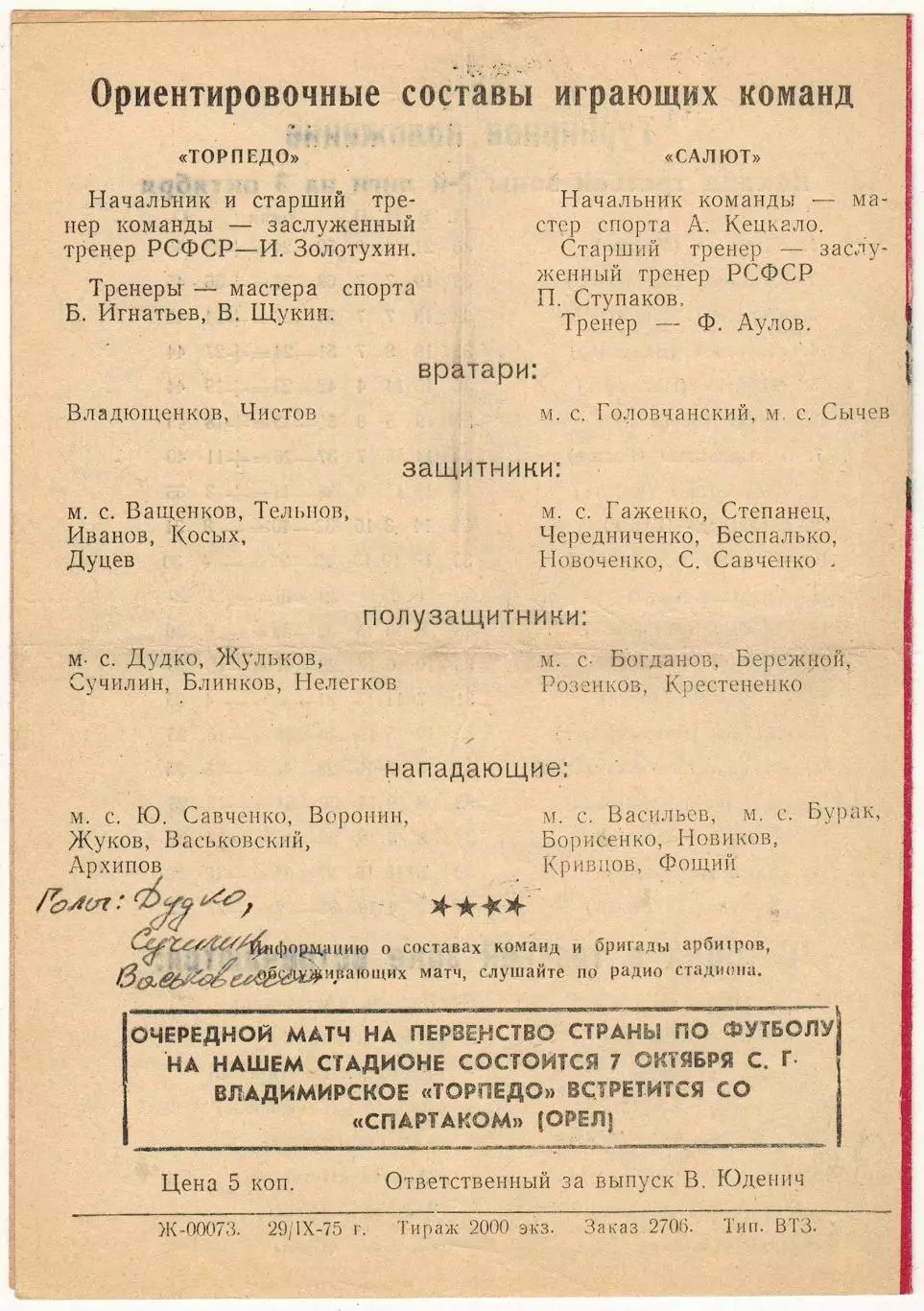 Торпедо Владимир – Салют Белгород 03.10.1975 1