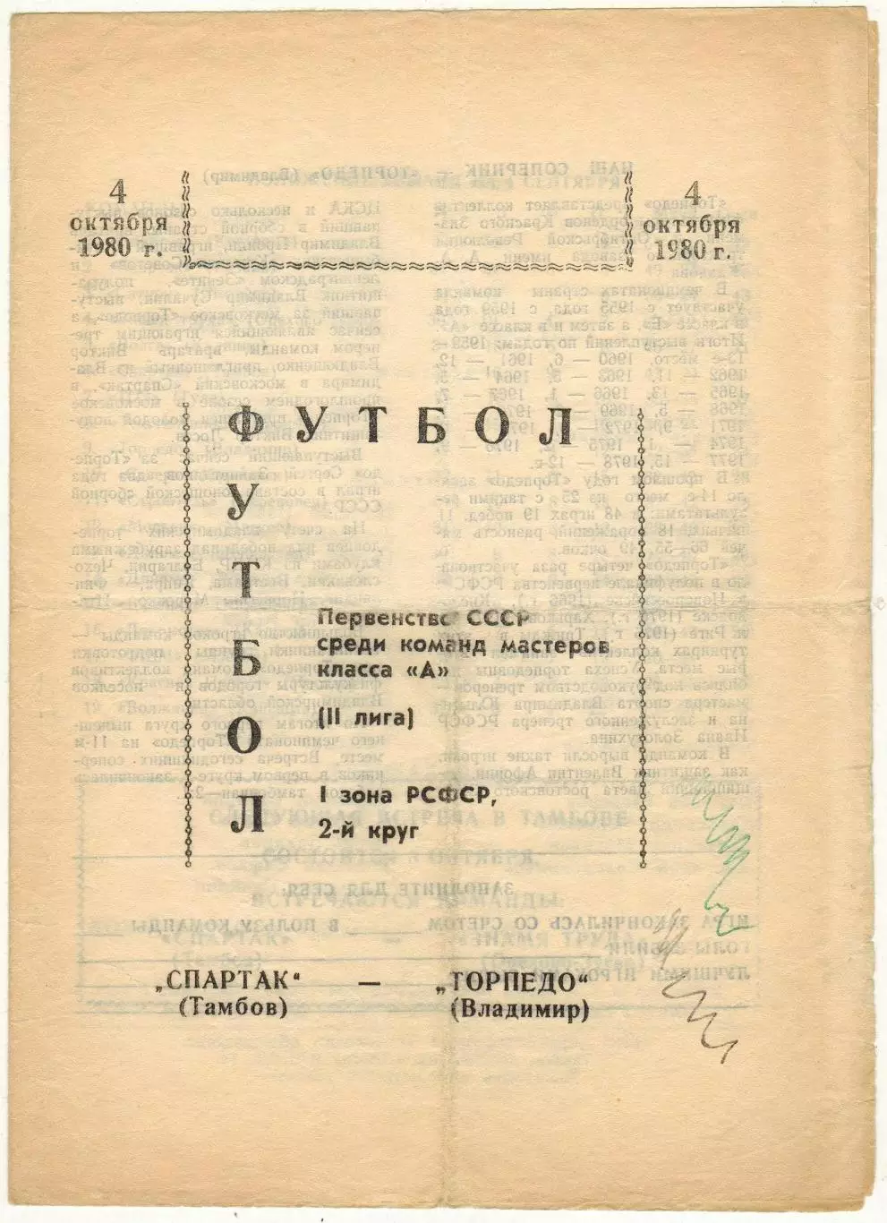 Спартак Тамбов – Торпедо Владимир 04.10.1980