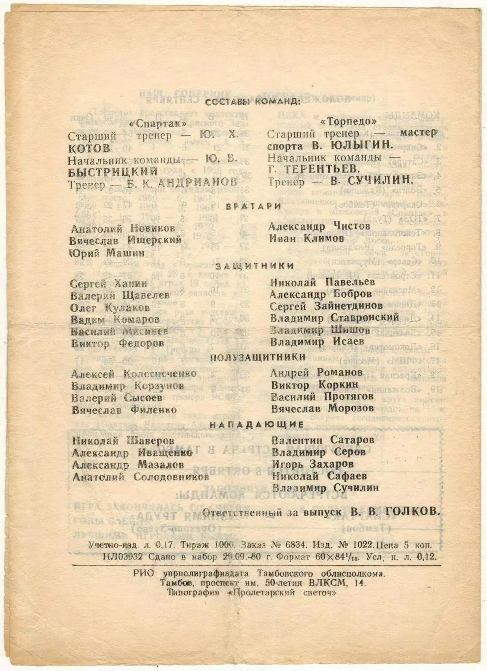 Спартак Тамбов – Торпедо Владимир 04.10.1980 1