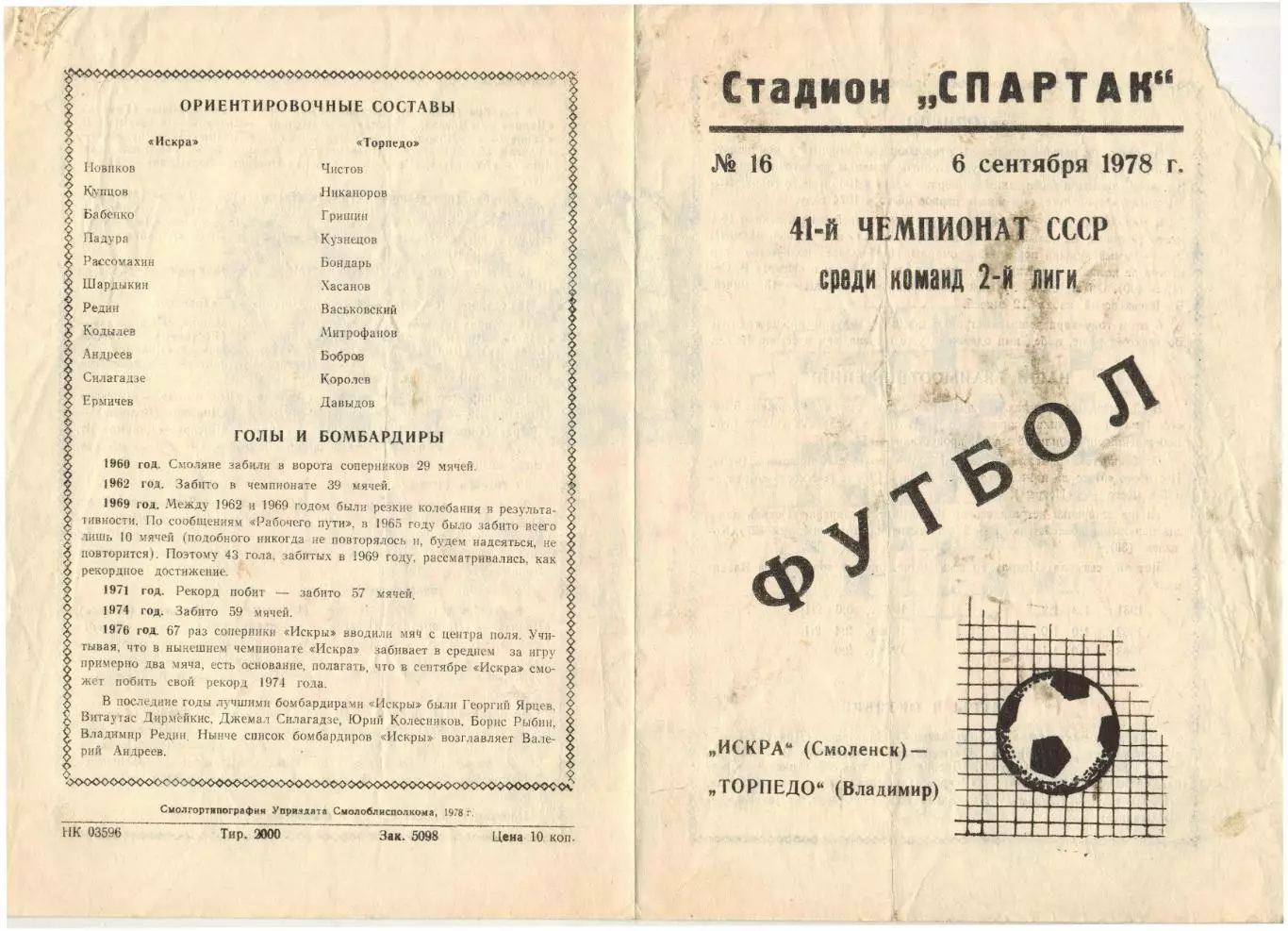 Искра Смоленск – Торпедо Владимир 06.09.1978