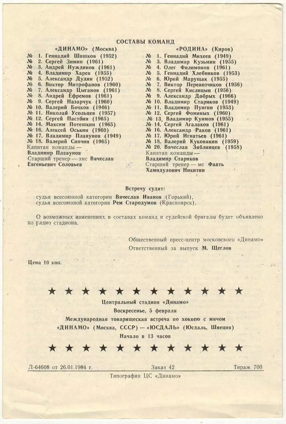 Динамо Москва – Родина Киров 28.01.1984 1