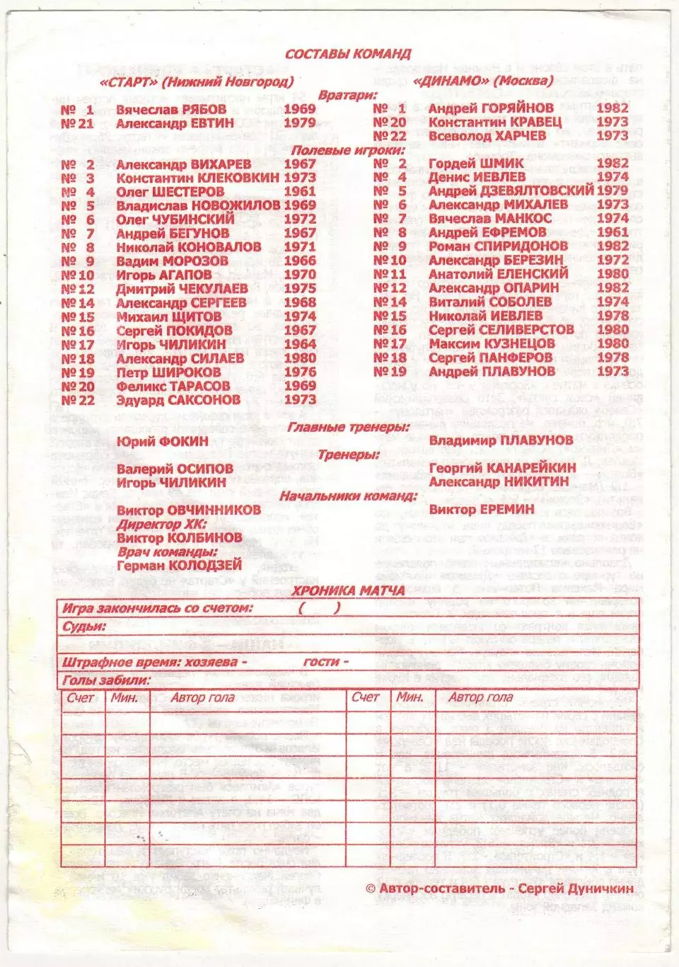 Старт Нижний Новгород – Динамо Москва 23.12.1998 РЕДКОСТЬ! 1