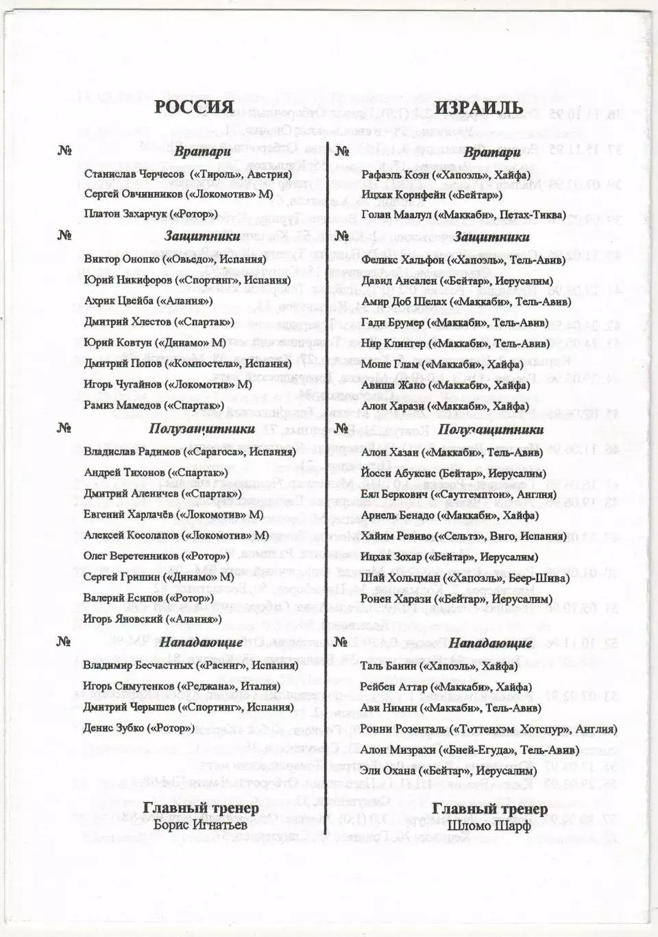 Россия – Израиль 08.06.1997 Отборочный турнир Чемпионата мира-1998 1