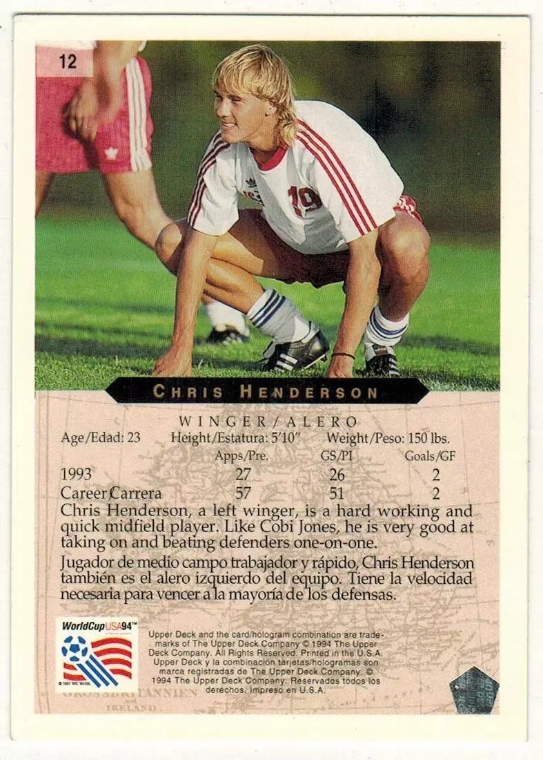 Чемпионат мира по футболу-1994 Chris Henderson/Крис Хендерсон США Upper Deck #12 1