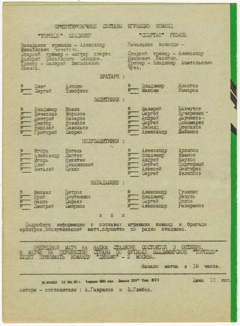 Торпедо Владимир – Спартак Рязань 18.09.1986 1