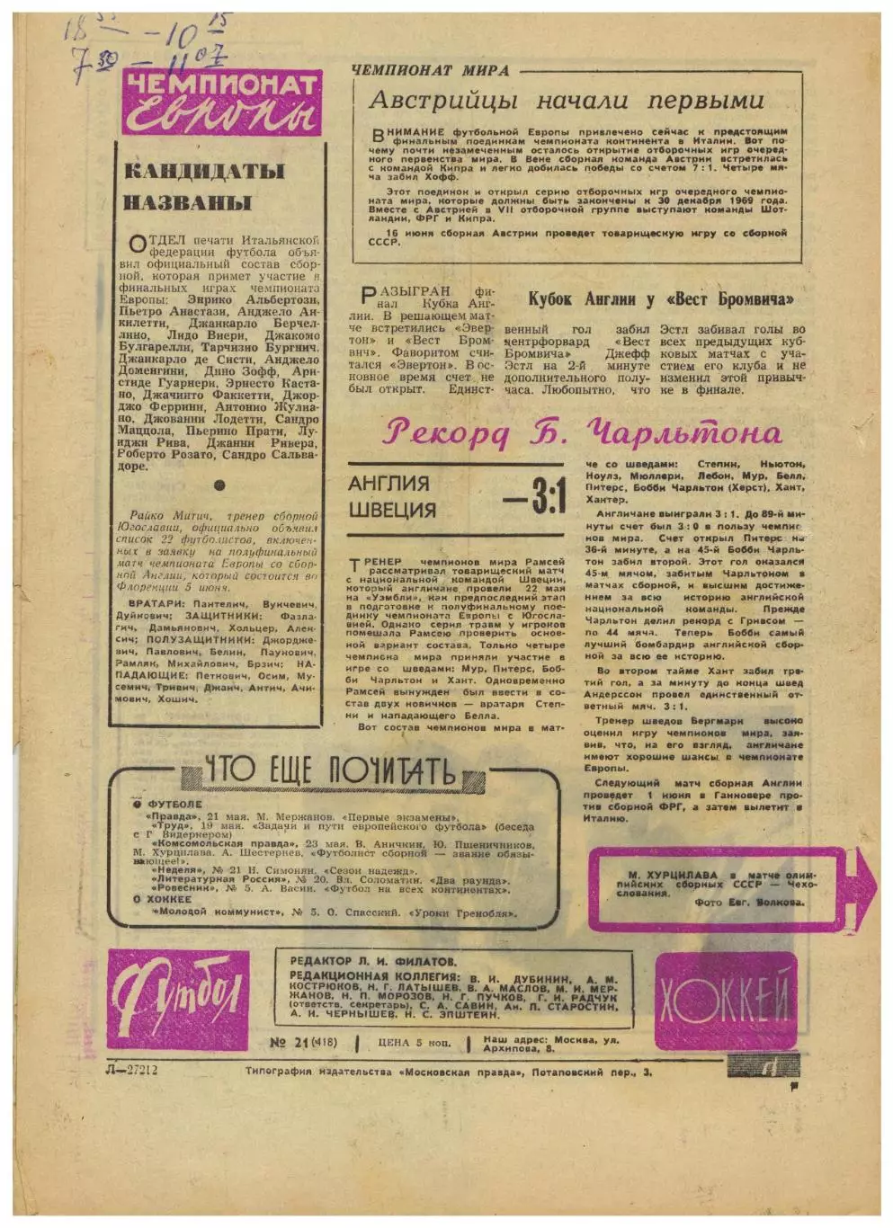 Футбол-Хоккей 1968 №21 ОТОИ СССР–ЧССР–3:2 К.Есенин 5 чемпионатов СССР 1924–1935 1