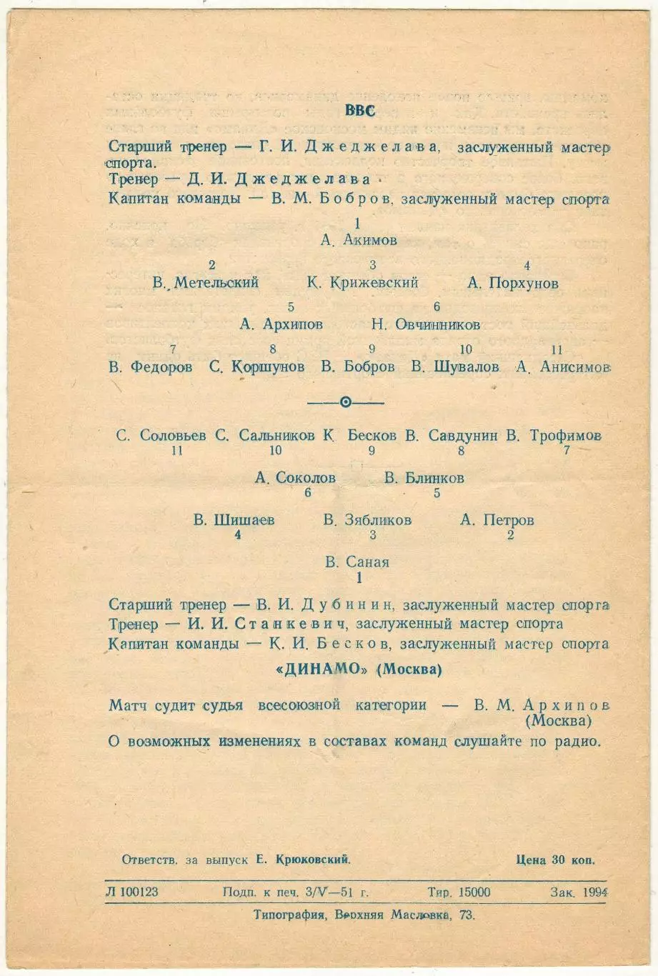 ВВС – Динамо Москва 05.05.1951 1