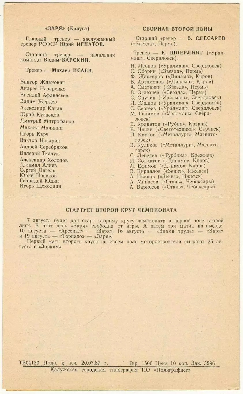 Турнир сборных команд зон 2-й лиги РСФСР + Заря Калуга 27-28.07.1987 РЕДКОСТЬ! 1