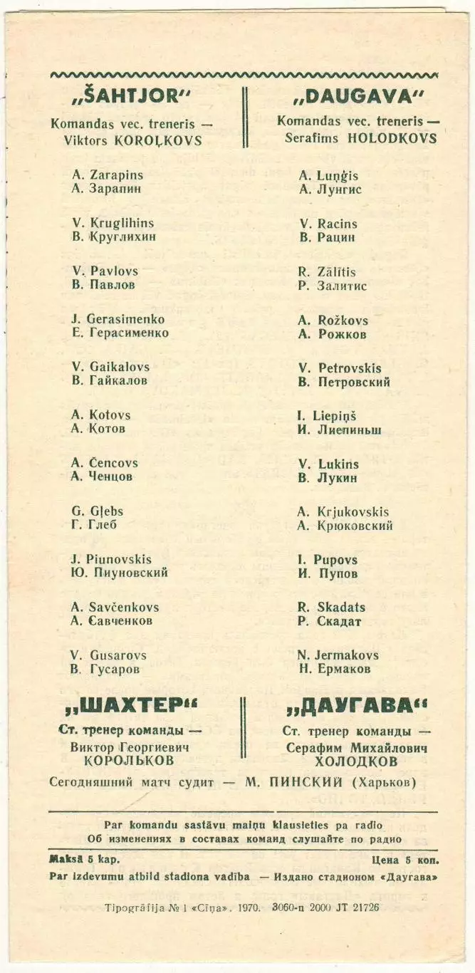 Даугава Рига – Шахтер Караганда 03.07.1970 1