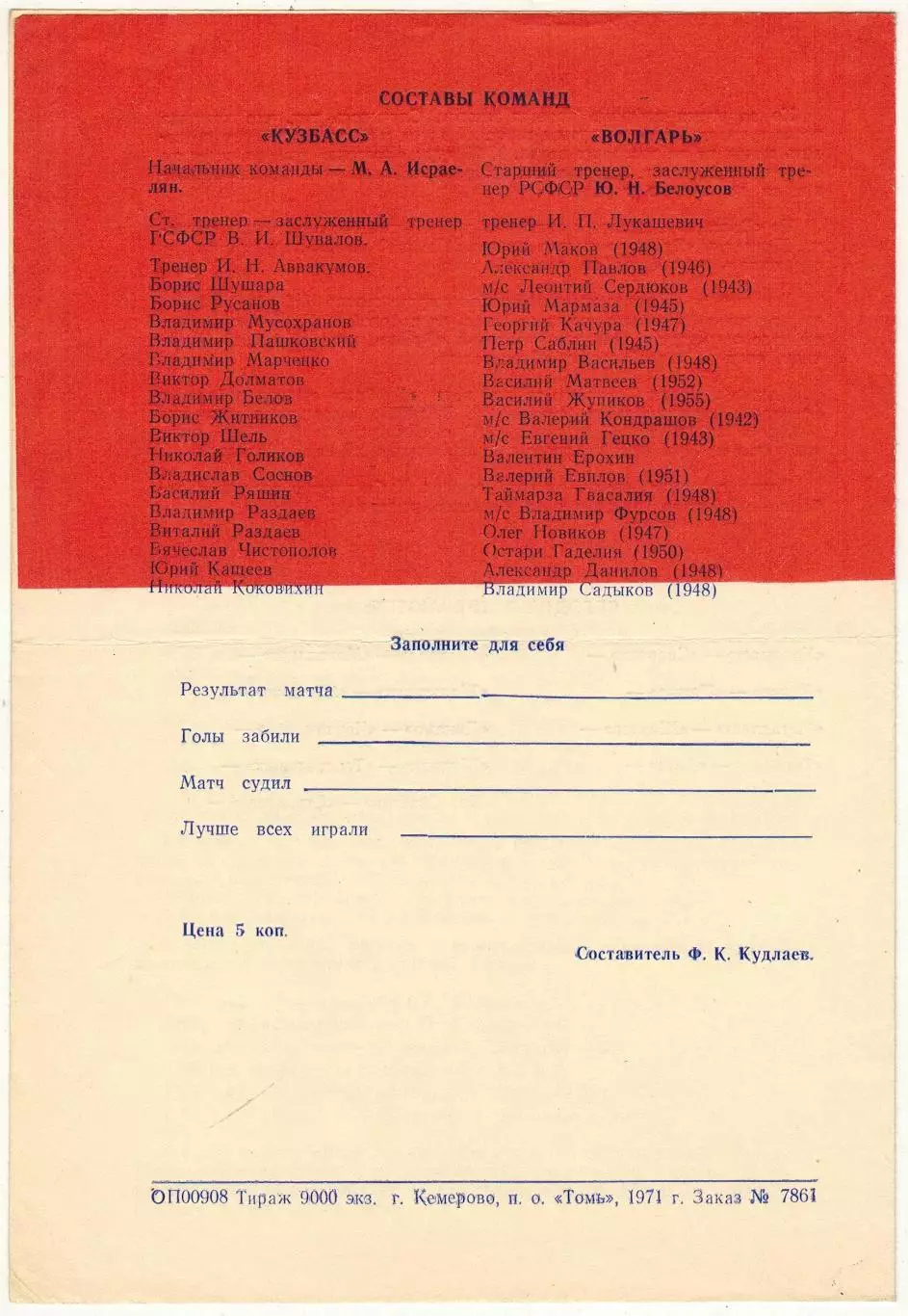 Кузбасс Кемерово – Волгарь Астрахань 10.10.1971 1