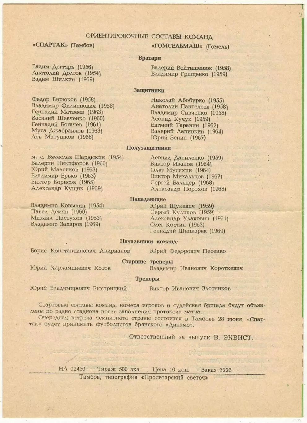 Спартак Тамбов – Гомсельмаш Гомель 25.06.1986 1