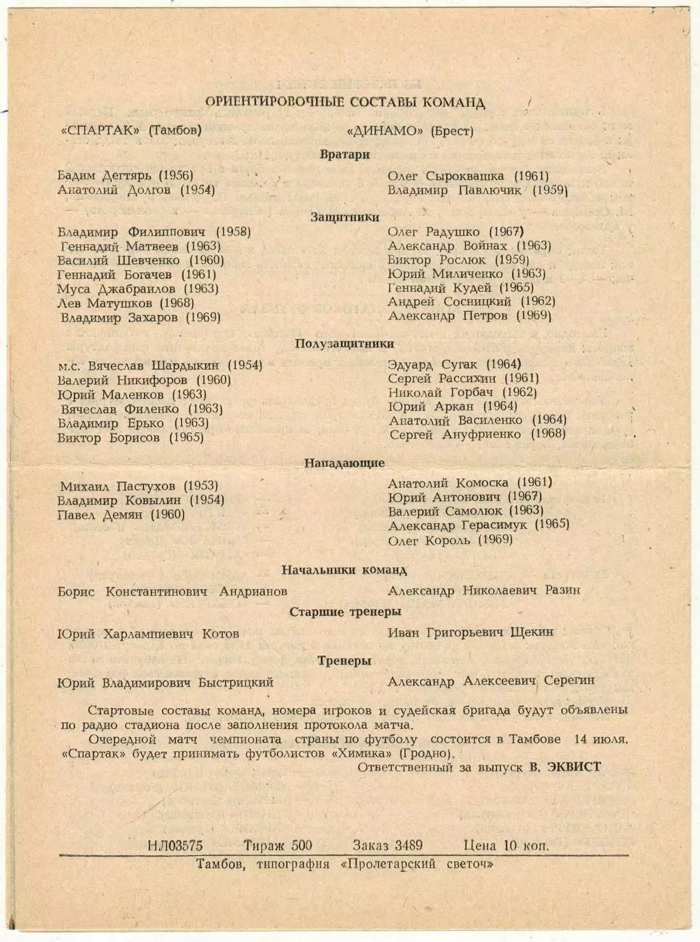 Спартак Тамбов – Динамо Брест 11.07.1986 1