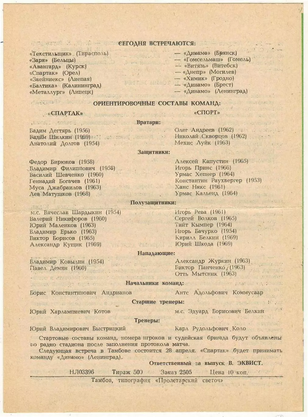 Спартак Тамбов – Спорт Таллин 25.04.1986 1