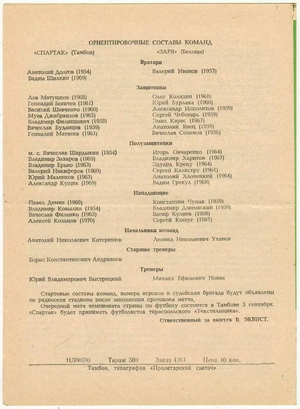 Спартак Тамбов – Заря Бельцы 31.08.1986 1