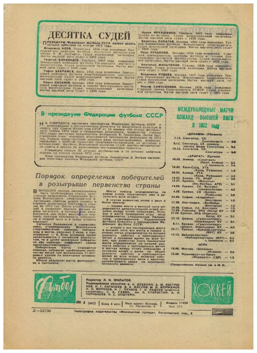 Футбол-Хоккей 1973 № 4 В.Федотов Е.Рудаков Е.Ловчев В.Капличный Хурцилава Мунтян 3