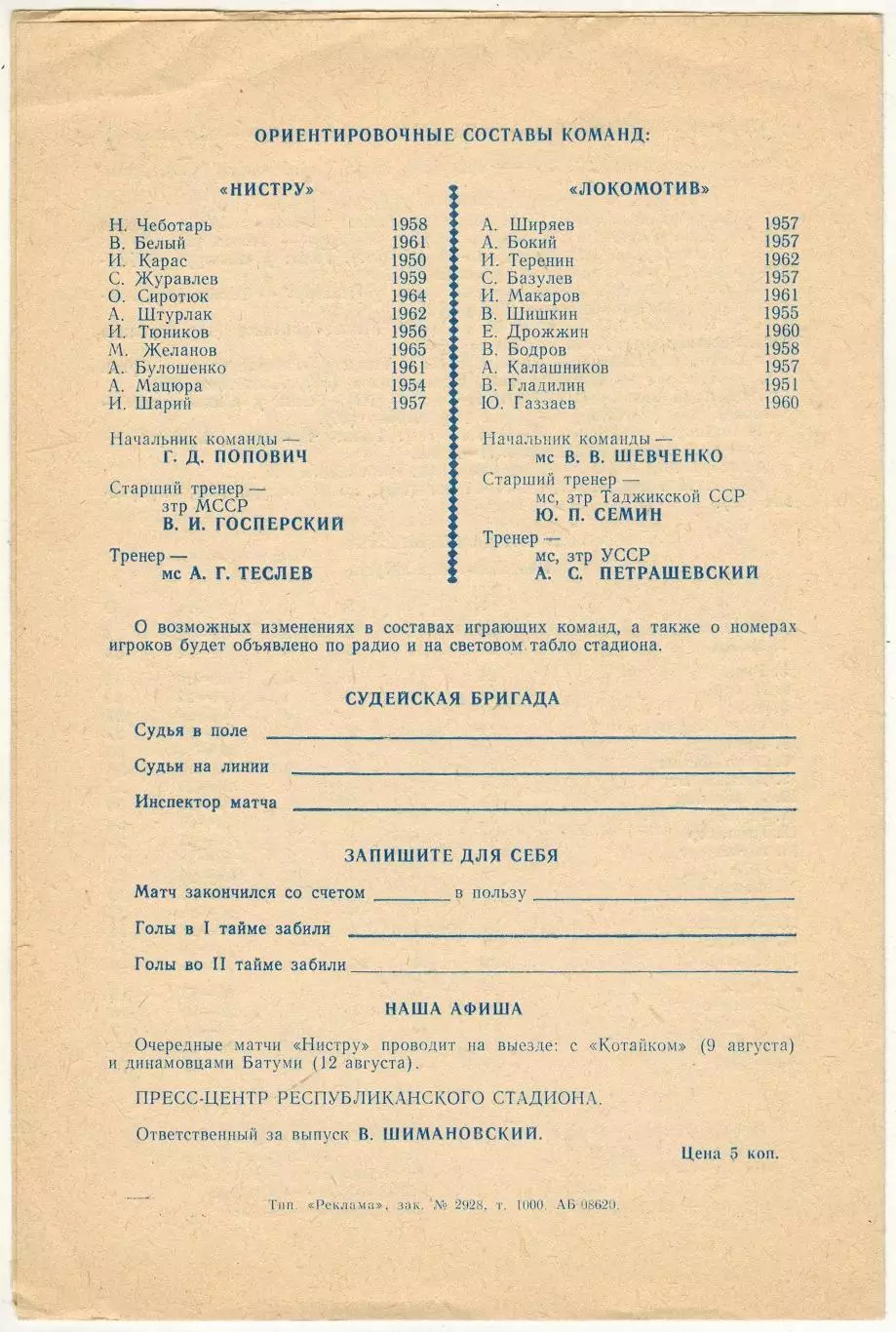 Нистру Кишинев – Локомотив Москва 02.08.1986 1