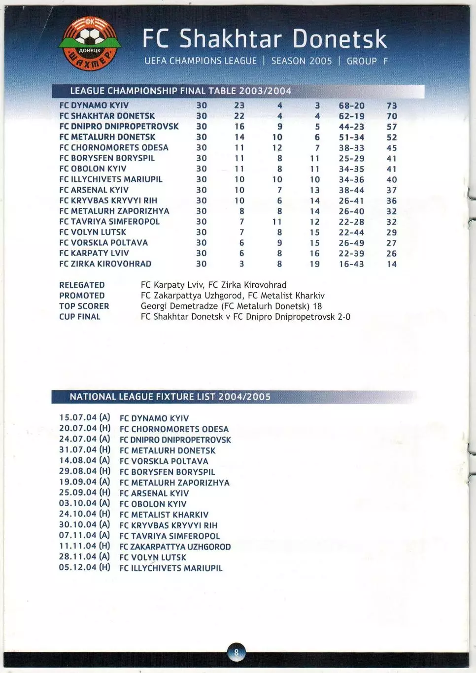 Дига чемпионов УЕФА 2005 Шахтер Донецк / FC Shakhtar Donetsk А.Тимощук Д.Срна 2