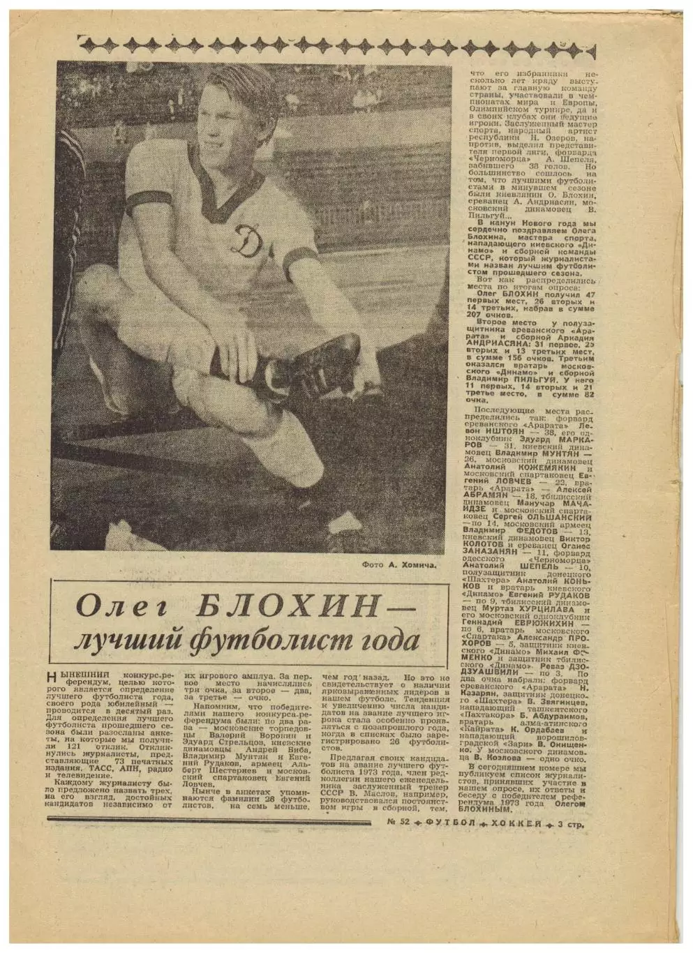 Футбол-Хоккей 1973 №52 Олег Блохин–лучший футболист Приз Известий СССР–ЧССР–7:1 1